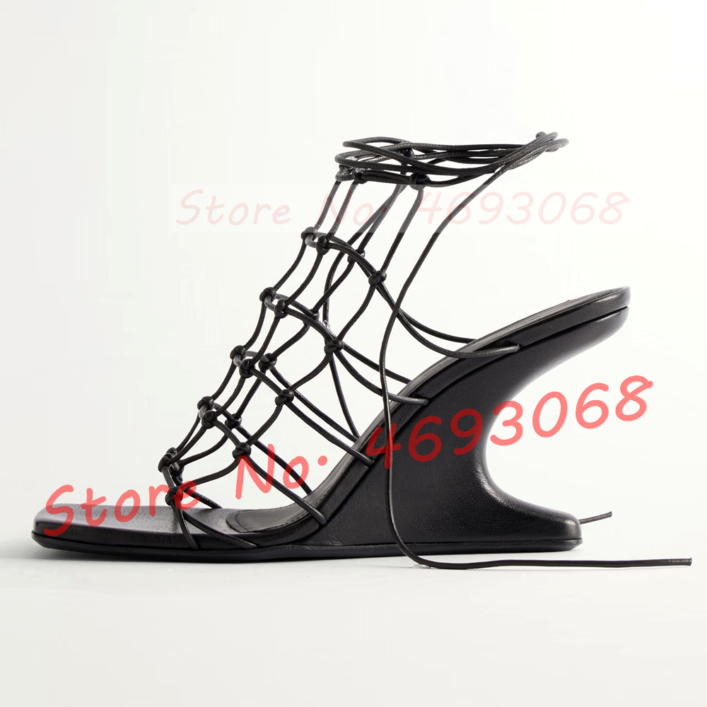 Crossfit Lady - Black Knotted Mesh Curved Heel Sandals